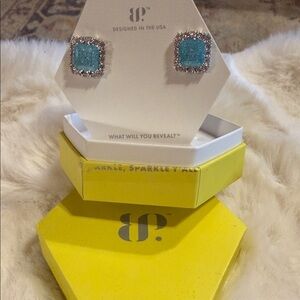 BP Aqua Blue Square Crystal Halo Stud Earrings